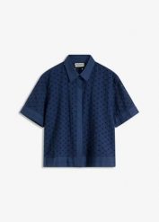 Bluzka z ażurowym haftem. Białe bluzki bonprix, w ażurowe wzory, eleganckie, bez kołnierzyka, bez ramiączek. Za 79.99 zł.