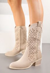 Ciemnobeżowe Ażurowe Botki na Obcasie w Stylu Kowbojek Lissemi. Brązowe botki Born2be, na jesień, w ażurowe wzory, z jeansu, bez obcasa, na obcasie, bez zapięcia. Za 149.99 zł.