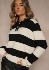 Czarny Pasiasty Sweter z Dodatkiem Wełny z Kołnierzykiem i Guzikami Tiarresa. Czarne swetry Renee, bez wzorów, z jeansu, bez ramiączek. Za 159.99 zł.