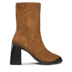 Botki Tamaris. Brązowe botki Tamaris, bez wzorów, bez obcasa, na słupku, bez zapięcia. Za 269.99 zł.