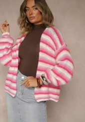 Fuksjowy Kardigan z Wełną i Wiskozą z Motywem Pasków Felorie. Czerwone kardigany Renee, s, bez wzorów, z jeansu. Za 139.99 zł.