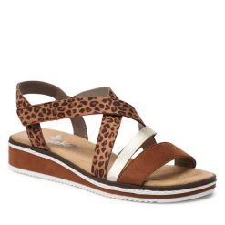 Sandały Rieker. Brązowe sandały Rieker, bez wzorów, bez obcasa, na koturnie, bez zapięcia. Za 239.99 zł.
