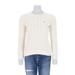 Second life - Damski beżowy sweter z warkoczowym splotem - Jak nowy. Brązowe golfy RALPH LAUREN, bez wzorów, ze splotem, bez ramiączek. Za 255.56 zł.