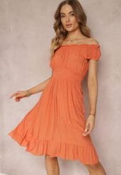 Pomarańczowa Sukienka Hiszpanka z Falbanką Anarine. Brązowe sukienki Renee, l, bez wzorów, z tkaniny, bez kołnierzyka, bez ramiączek, midi. Za 49.99 zł.