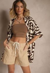 Beżowe Wiązane Szorty z Bawełny Basic z Kieszonkami Evitessa. Brązowe szorty Renee, bez wzorów, z bawełny, eleganckie, z podwyższonym stanem. Za 39.99 zł.