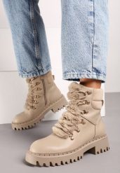 Ciemnobeżowe Trapery w Casualowym Stylu z Futerkowym Zdobieniem na Języku Taniapea. Brązowe trapery i śniegowce Renee, z jeansu. Za 119.99 zł.