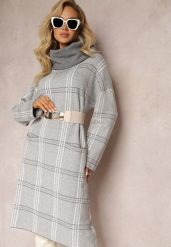 Szara Sweterkowa Sukienka Oversize z Szerokim Golfem Arnca. Szare sukienki Renee, na zimę, l, bez wzorów, z dzianiny, bez kołnierzyka, bez ramiączek, midi, oversize. Za 129.99 zł.