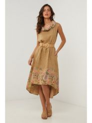 Le Monde du Lin Lniana sukienka w kolorze jasnobrązowym rozmiar: 40/42. Brązowe sukienki Le Monde du Lin, bez wzorów, ze lnu, klasyczne, bez kołnierzyka, bez ramiączek, midi. Za 188.85 zł.