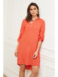 Fleur de Lin Lniana sukienka "Basta" w kolorze koralowym rozmiar: XL. Czerwone sukienki Fleur de Lin, xl, bez wzorów, ze lnu, bez kołnierzyka, bez ramiączek, mini. Za 215.71 zł.