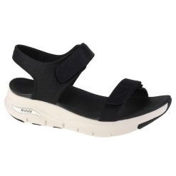 Sandały do chodzenia damskie, Skechers Arch Fit-Touristy. Czarne sandały Skechers, bez wzorów, sportowe, bez obcasa, bez zapięcia. Za 249.99 zł.