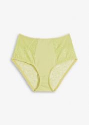 Figi z wysoką talią z delikatną koronką. Zielone figi bonprix, bez wzorów, z koronki. Za 54.99 zł.