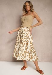 Beżowe Szerokie Spodnie Culottes z Gumką Zdobione Geometrycznym Printem Sartebia. Brązowe spodnie materiałowe Renee, na co dzień, l, z aplikacjami, z jeansu. W wyprzedaży za 41.99 zł.