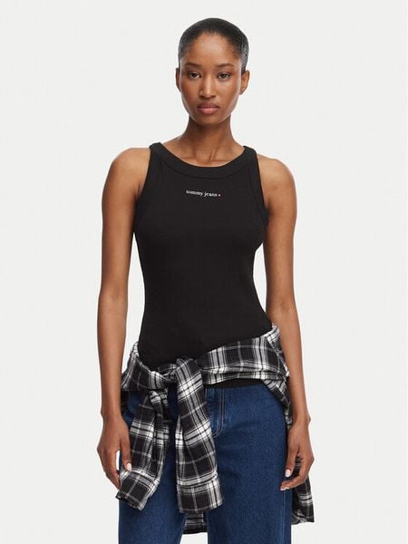 Tommy Jeans Top Ess Logo 1 DW0DW22806 Czarny Slim Fit. Czarne topy Tommy Jeans, s, bez wzorów, z bawełny, bez kołnierzyka, bez ramiączek. Za 120.99 zł.