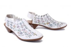 RIEKER 46778-80 white combination, sandały damskie. Białe sandały Rieker, bez wzorów, bez obcasa, na obcasie, bez zapięcia. Za 349.90 zł.