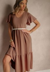 Brązowa Rozkloszowana Sukienka z Wiskozą w Casualowym Stylu Filarenna. Brązowe sukienki Renee, na co dzień, l, bez wzorów, z wiskozy, eleganckie, bez kołnierzyka, bez ramiączek, midi, rozkloszowane. Za 54.99 zł.