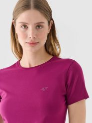 4F T-shirt slim gładki damski - fioletowy XS. Fioletowe t-shirty 4f, xs, bez wzorów, z bawełny, bez kołnierzyka, bez ramiączek. W wyprzedaży za 29.99 zł.
