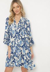 Niebieska Sukienka o Rozkloszowanym Kroju z Falbanami w Kwiatowy Wzór Ridivanna. Niebieskie sukienki Born2be, na co dzień, l, bez wzorów, eleganckie, bez kołnierzyka, bez ramiączek, midi, rozkloszowane. Za 129.99 zł.
