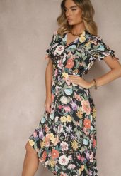 Czarna Koszulowa Sukienka w Kwiaty o Rozkloszowanym Fasonie z Paskiem Fevalirra. Czarne sukienki Renee, na spotkanie biznesowe, na lato, m, bez wzorów, eleganckie, bez kołnierzyka, bez ramiączek, maxi, kopertowe. W wyprzedaży za 87.99 zł.