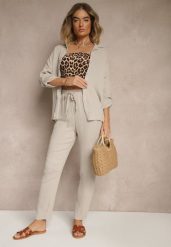 Beżowy Muślinowy Komplet z Bawełny Spodnie i Koszula z Regulowanymi Rękawami Janalise. Brązowe koszule Renee, bez wzorów, z bawełny, eleganckie, bez kołnierzyka, bez ramiączek. Za 139.99 zł.