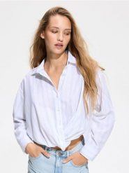 Koszula w paski z lnem - jasnoniebieski. Niebieskie koszule Reserved, l, bez wzorów, z bawełny, bez kołnierzyka, bez ramiączek. Za 129.99 zł.