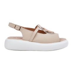 Skórzane Eleganckie Sandały Damskie S.Barski GR51-603 Beżowe beżowy. Brązowe sandały bez wzorów, ze skóry, eleganckie, bez obcasa, na koturnie, bez zapięcia. Za 257.10 zł.