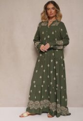 Ciemnozielona Rozkloszowana Sukienka Ozdobiona Haftem i Wzorem Boho Ronavere. Zielone sukienki Renee, na co dzień, na lato, l, bez wzorów, boho, bez kołnierzyka, bez ramiączek, maxi, kopertowe. Za 139.99 zł.