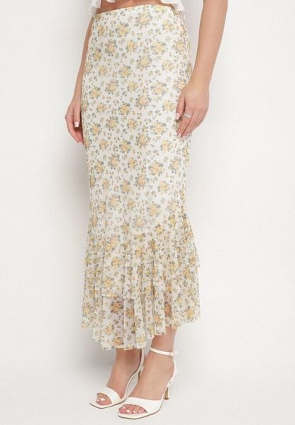 Biało-Żółta Spódnica o Dopasowanym Kroju Zdobiona Falbanką Efririsse. Białe spódnice Born2be, na co dzień, m, z aplikacjami, klasyczne, midi, dopasowane. Za 99.99 zł.