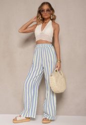 Niebiesko-Żółte Bawełniane Muślinowe Spodnie Szerokie High Waist w Paski Mavirise. Niebieskie spodnie materiałowe Renee, na co dzień, bez wzorów, z bawełny, z podwyższonym stanem. Za 74.99 zł.