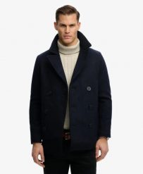 Superdry The Merchant Store - Płaszcz Pea Coat z mieszanki wełny. Niebieskie płaszcze Superdry, l, bez wzorów, z materiału, bez kaptura. Za 860.55 zł.