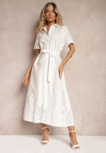 Biała Bawełniana Sukienka o Ażurowym Wykończeniu z Paskiem w Talii Zapinana na Guziki Dimosha. Białe sukienki Renee, na spotkanie biznesowe, l, w ażurowe wzory, z bawełny, klasyczne, bez kołnierzyka, bez ramiączek, maxi. Za 179.99 zł.