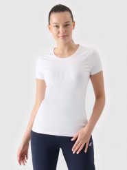 4F T-shirt slim z nadrukiem damski - biały XS. Białe t-shirty 4f, xs, bez wzorów, z bawełny, bez kołnierzyka, bez ramiączek. W wyprzedaży za 29.99 zł.
