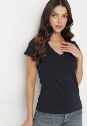 Granatowy T-shirt z Bawełny z Dekoltem w Serek Liniviela. Niebieskie t-shirty Born2be, s, bez wzorów, z bawełny, bez kołnierzyka, bez ramiączek. Za 39.99 zł.