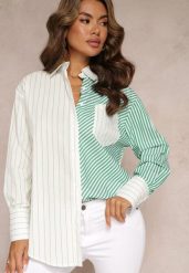 Zielono-Biała Koszula Oversize w Paski Issele. Białe koszule Renee, m, bez wzorów, z materiału, eleganckie, bez kołnierzyka, bez ramiączek. Za 69.99 zł.