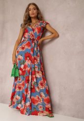 Niebieska Sukienka Althaleia. Niebieskie sukienki Renee, na imprezę, l, bez wzorów, z wiskozy, bez kołnierzyka, bez ramiączek, maxi, kopertowe. Za 49.99 zł.