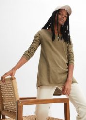 Bluzka z długim rękawem z lekkiego melanżowego dżerseju. Niebieskie bluzki bonprix, bez wzorów, z dżerseju, bez kołnierzyka, bez ramiączek. Za 47.99 zł.