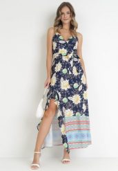 Granatowo-Żółta Sukienka Maxi na Cienkich Ramiączkach i Materiałowym Paskiem Adakila. Niebieskie sukienki Born2be, m, bez wzorów, z materiału, eleganckie, bez kołnierzyka, bez ramiączek, maxi. Za 64.99 zł.