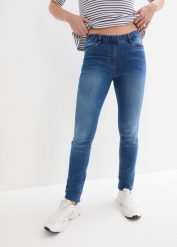 Jegginsy mid waist z wygodnym paskiem w talii. Niebieskie jeansy bonprix, bez wzorów. Za 79.99 zł.