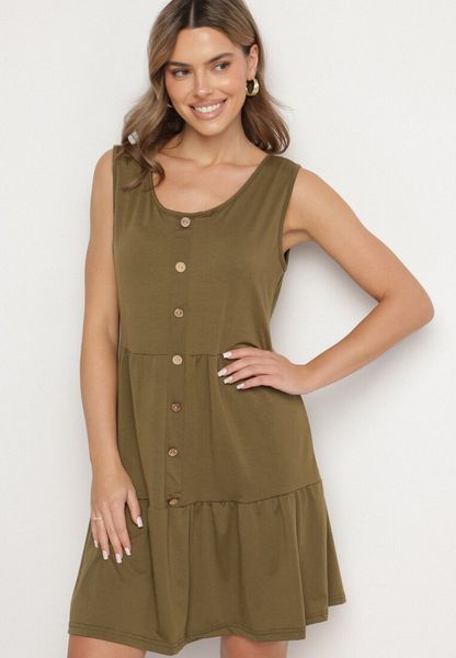 Ciemnozielona Sukienka o Rozkloszowanym Kroju na Szerokich Ramiączkach z Guzikami Saniella. Zielone sukienki Born2be, na co dzień, na lato, l, bez wzorów, eleganckie, bez kołnierzyka, bez ramiączek, rozkloszowane. Za 39.99 zł.