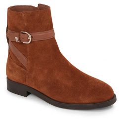 Botki Tommy Hilfiger. Brązowe botki TOMMY HILFIGER, bez wzorów, bez obcasa, na płaskiej podeszwie, bez zapięcia. Za 699.99 zł.
