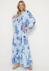 Niebieska Rozkloszowana Sukienka z Wiskozą w Kwiatowy Wzór Ridisandra. Niebieskie sukienki Born2be, na co dzień, l, z aplikacjami, z wiskozy, eleganckie, bez kołnierzyka, bez ramiączek, maxi, rozkloszowane. Za 139.99 zł.