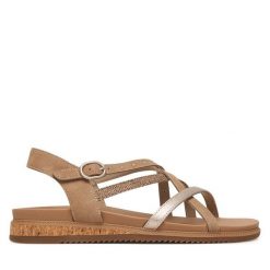 Sandały Skechers. Brązowe sandały Skechers, bez wzorów, bez obcasa, na płaskiej podeszwie, bez zapięcia. Za 229.99 zł.