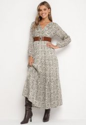 Beżowo-Zielona Panterkowa Rozkloszowana Sukienka z Kopertowym Dekoltem i Paskiem z Klamrą Rinathria. Brązowe sukienki Born2be, na co dzień, l, bez wzorów, bez kołnierzyka, bez ramiączek, maxi, kopertowe. Za 129.99 zł.