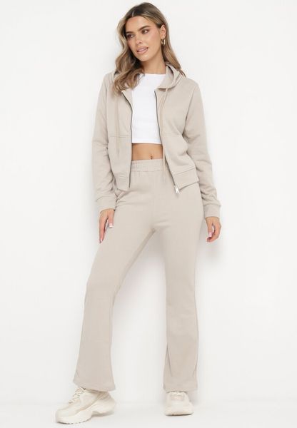 Beżowy Bawełniany Komplet Dresowy Bluza z Kapturem i Spodnie Dzwony Nanre. Brązowe bluzy Born2be, l, z aplikacjami, z bawełny, z kapturem. Za 99.99 zł.