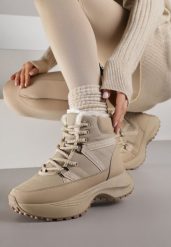 Ciemnobeżowe Sportowe Śniegowce Chunky na Platformie Ishweda. Brązowe obuwie sportowe Renee, z jeansu, bez zapięcia. Za 119.99 zł.