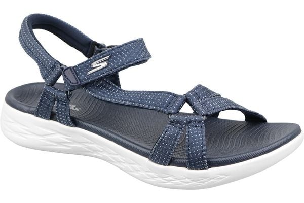 Sandały damskie, On the GO 600 - Brilliancy. Niebieskie sandały Skechers, bez wzorów, z materiału, sportowe, bez obcasa, bez zapięcia. Za 199.99 zł.