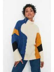 Trendyol Sweter w kolorze beżowo-niebiesko-żółtym rozmiar: M. Niebieskie swetry Trendyol, m, bez wzorów, ze splotem, bez ramiączek. Za 100.99 zł.