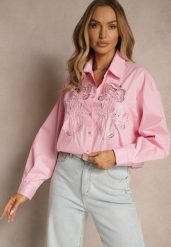 Różowa Koszula Oversize z Bawełny z Ażurowymi Zdobieniami z Motywem Kwiatowym Voesia. Czerwone koszule Renee, m, z aplikacjami, z bawełny, eleganckie, bez kołnierzyka, bez ramiączek. Za 124.99 zł.