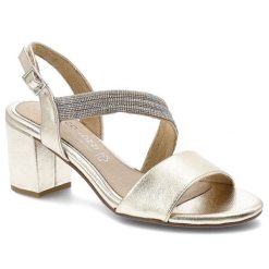 Sandały damskie Marco Tozzi, cholewka ze skóry ekologicznej zapinane na sprzączkę na wysokim obcasie, złote, 2-88300-46 940. Żółte sandały marka niezdefiniowana, bez wzorów, ze skóry ekologicznej, bez obcasa, na obcasie, bez zapięcia. Za 249.00 zł.