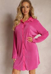 Fuksjowa Koszulowa Sukienka Mini Udekorowana Plisowaniem Culven. Czerwone sukienki Renee, na co dzień, bez wzorów, prążkowane, eleganckie, bez kołnierzyka, bez ramiączek, mini, koszulowe. Za 79.99 zł.