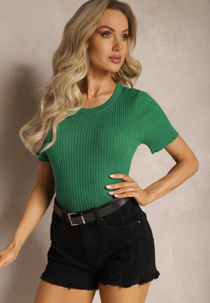 Zielony T-shirt z Prążkowanej Dzianiny o Krótkim Kroju Poutia. Zielone t-shirty Renee, l, bez wzorów, z dzianiny, bez kołnierzyka, bez ramiączek. Za 59.99 zł.